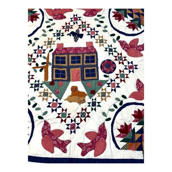 Handmade Quilt Country Birds Golden Retrievers House Design & Dog 54" x 53.5" - Picture 2 of 4